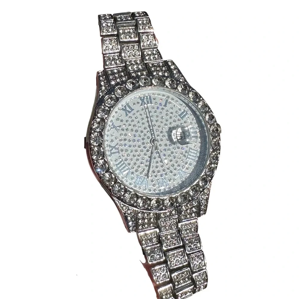 Iced Out Rhinestone Silver Tone Roman Numeral Date Window Fashion Link Watch